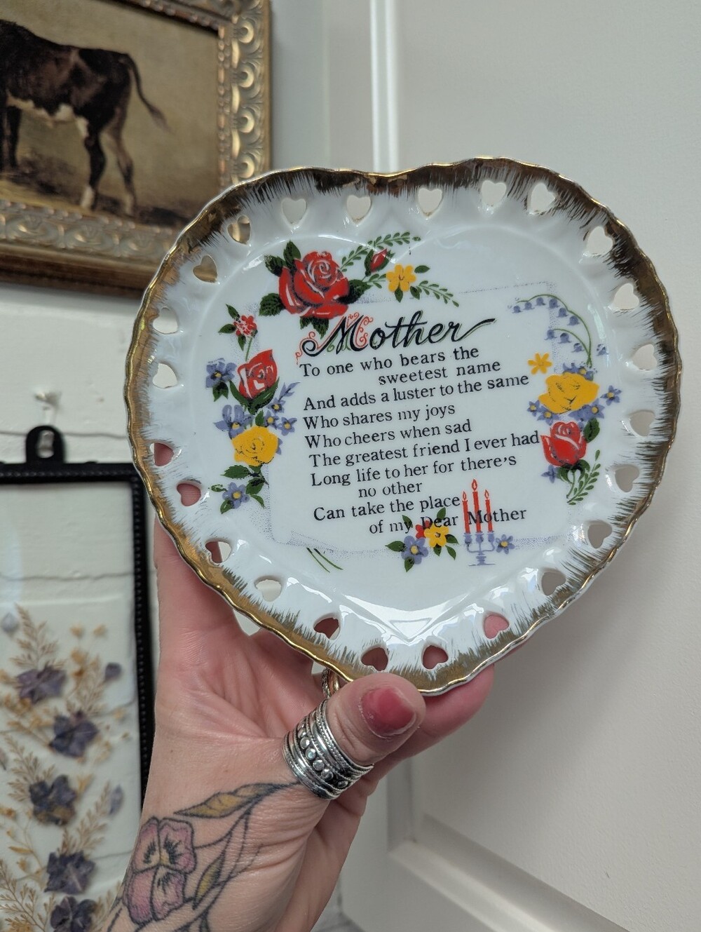 VTG Floral Heart Plate Wall Hanging Trinket Dish - Mother Poem Roses Gift